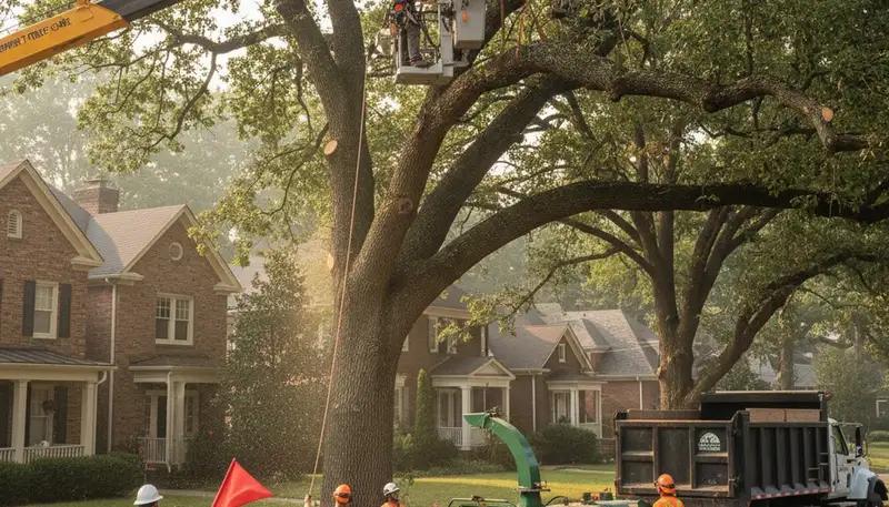 Arborists performing safe professional tree removal with crane and gear in Memphis, TN