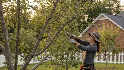 Arborist pruning fruit tree in Memphis TN backyard orchard for expert tree care and healthy growth
