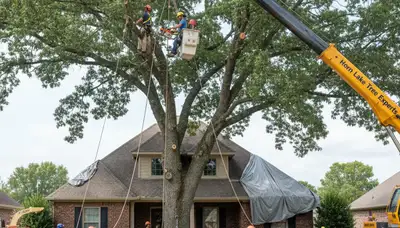 Professional arborists performing large tree removal with bucket truck in Horn Lake, MS near Memphis, TN