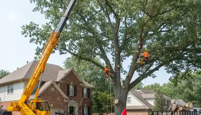 Professional tree removal crew using bucket truck in Marion, AR near Memphis, TN home