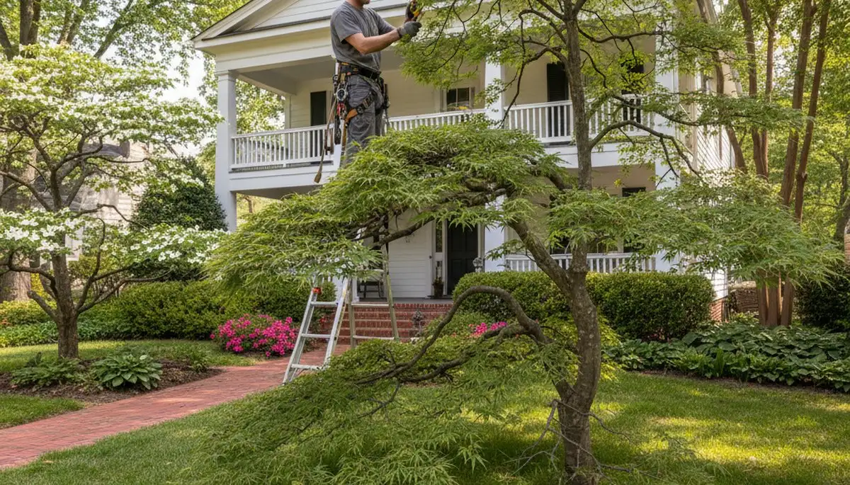Arborist hand pruning ornamental Japanese maple for landscape beauty in Memphis, TN