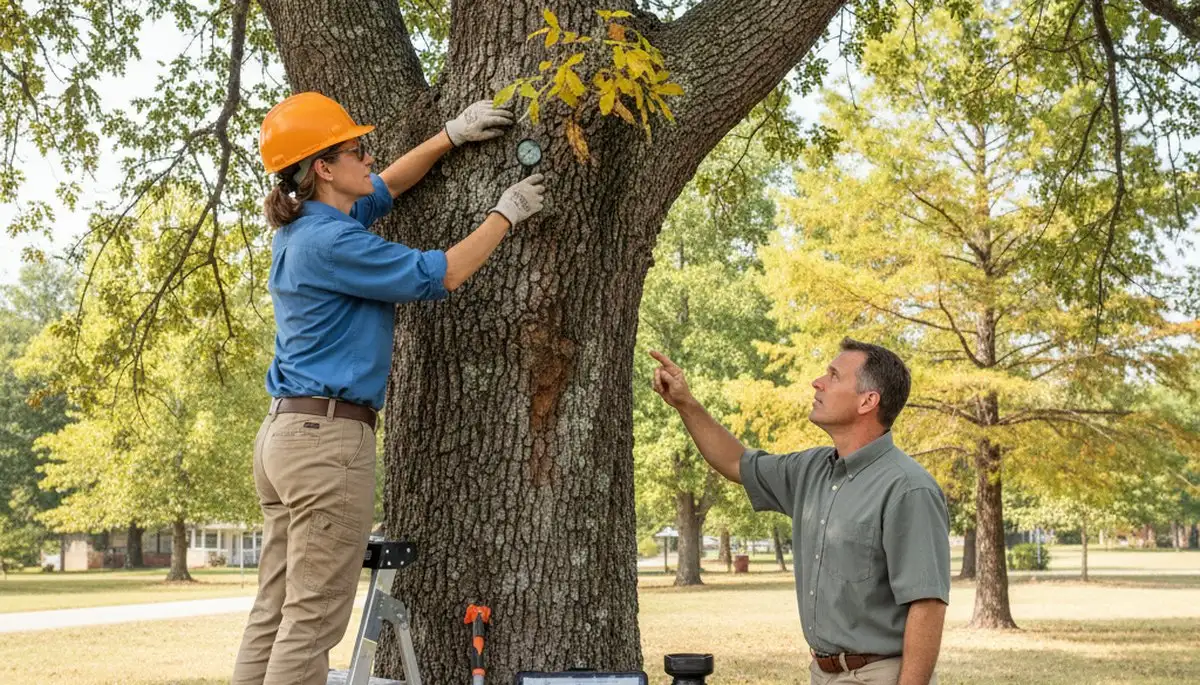 Certified arborist performing tree health assessment for West Memphis AR homeowner near Memphis TN
