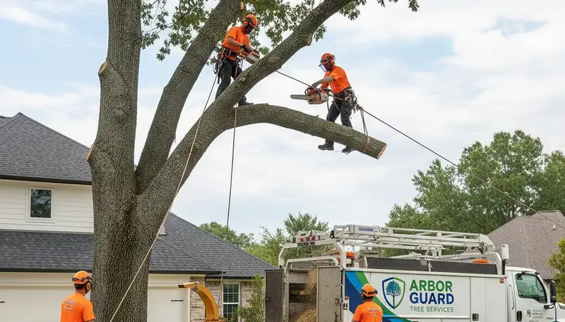 Professional tree removal crew cutting down large oak tree in Memphis, TN backyard