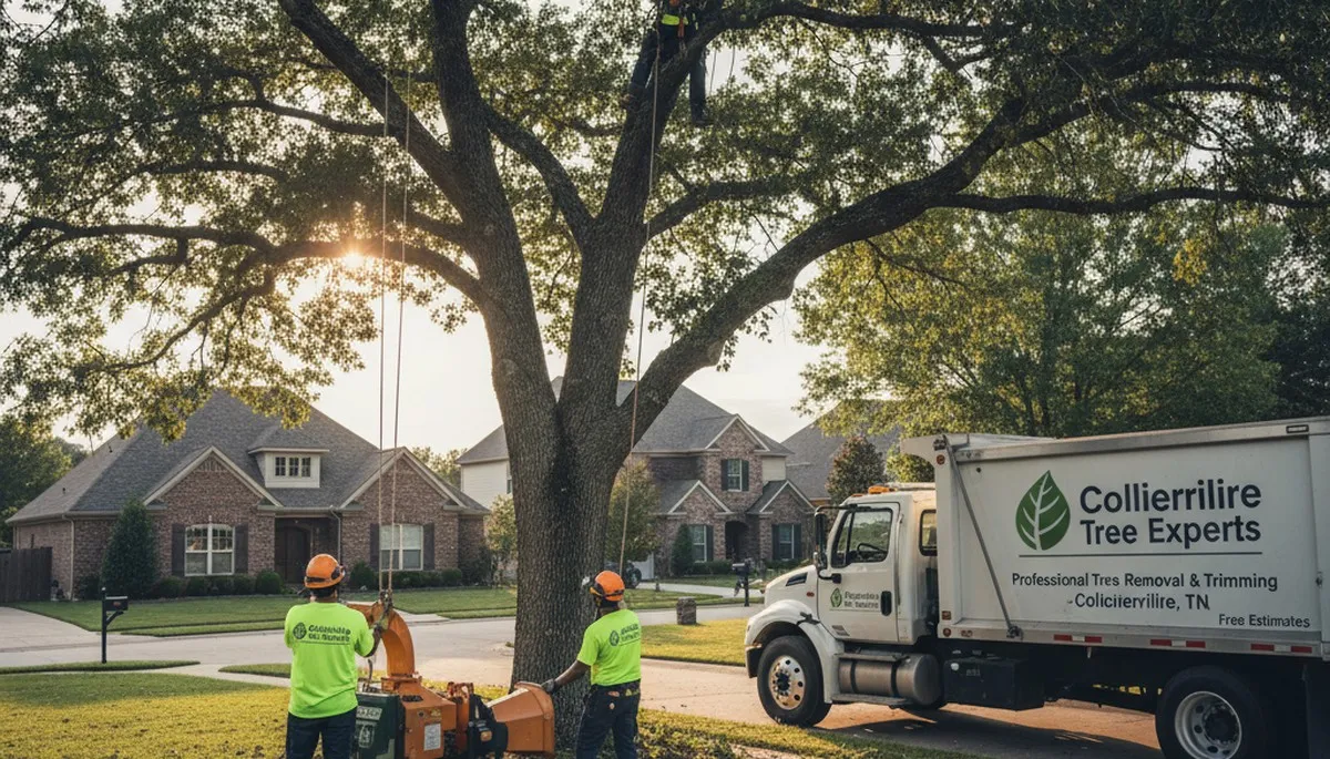 Professional tree removal service crew working safely in Memphis, TN neighborhood yard