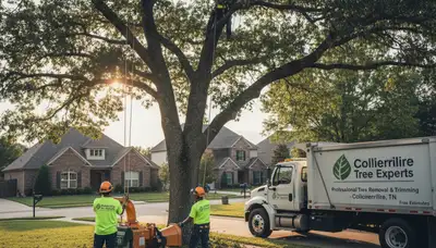 Professional tree removal service crew working safely in Memphis, TN neighborhood yard
