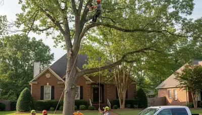 Professional tree removal service in Memphis TN safely cutting and clearing large oak trees