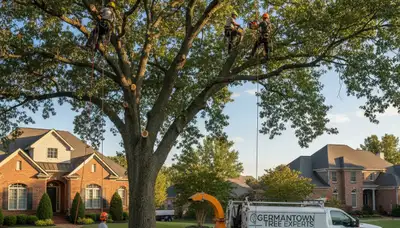 Professional tree removal service in Memphis TN safely cutting large oak near residential home