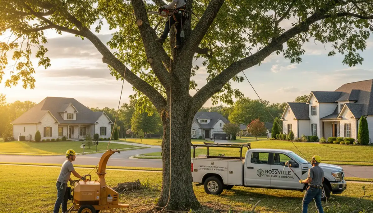 Professional tree removal service in Memphis TN safely cutting down large oak tree