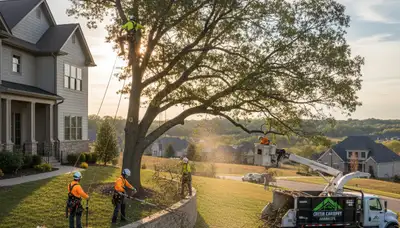 Professional tree removal service safely clearing large oak in Memphis, TN backyard